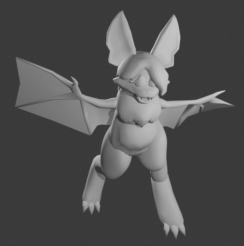 A render of an untextured WIP model of an anthro bat character with prominentt neck fluff and long hair that covers one eye.