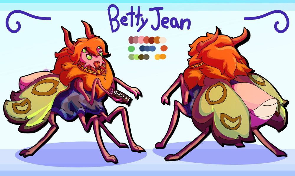 A fullbody shaded ref sheet with front and back views of a large semi-anthro insectoid character with orange neck fluff, a red-orange wig, pink skin, a patterned blue dress, and green wings with brown ring patterns.
