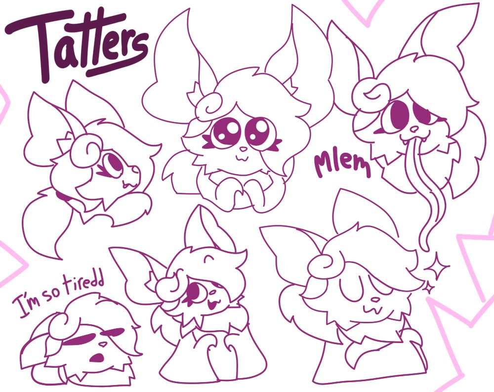 A doodle page of various bust drawings of an anthro bat with long hair and prominent neck fluff.