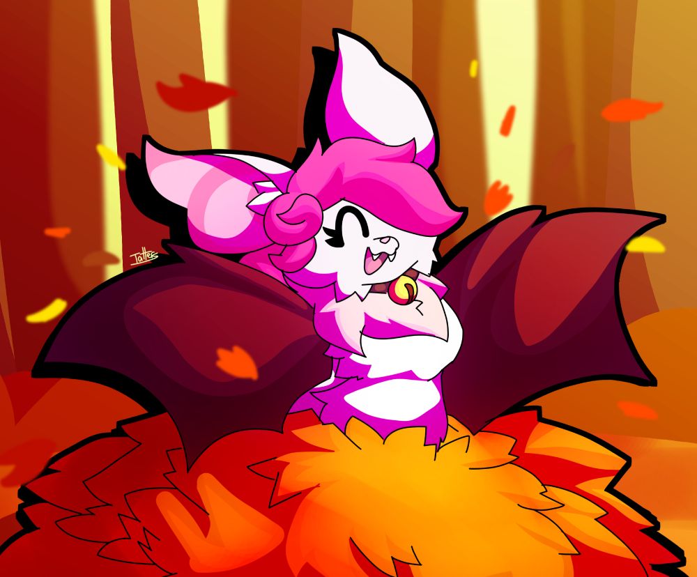 A digital drawing of an anthro bat with white fur and pink hair wearing a bell collar, bursting out of a colorful pile of fallen leaves with her wings spread out and a joyous open smile on her face.
