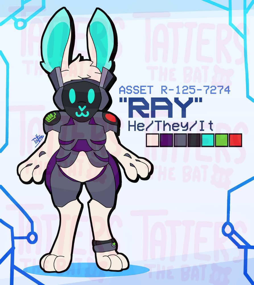 A watermarked ref sheet of a rabbit-based protogen character.
