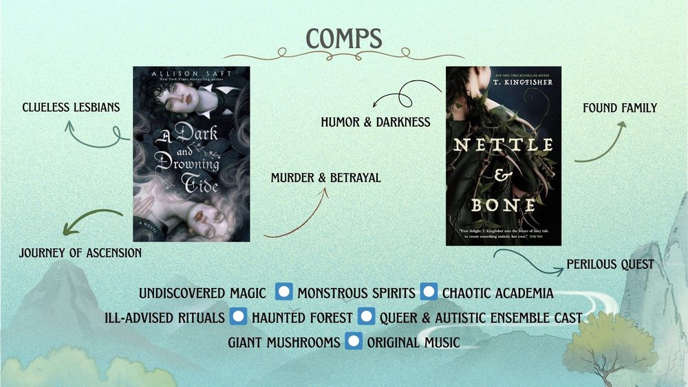 Comps: A Dark and Drowning Tide by Allison Saft: clueless lesbians, murder and betrayal, journey of ascension. Nettle & Bone by T. Kingfisher: found family, humor and darkness, perilous quest. 

Also featuring undiscovered magic, monstrous spirits, chaotic academia, ill-advised rituals, haunted forest, queer & autistic ensemble cast, giant mushrooms, original music
