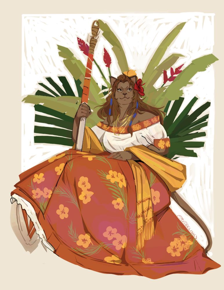 wuk lamat in a sitting pose, wearing tabasco's common traditional clothing: a white off shoulder blouse with embroidered collar and sleeves and a bright colored and flower print ample skirt