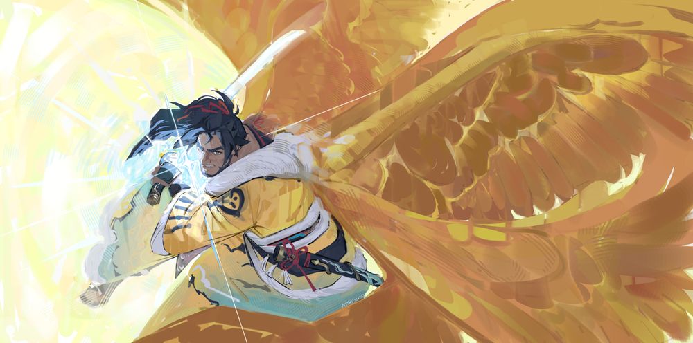 fanart of hien rijin in the middle of delivering a strike, wings spreading behind his back