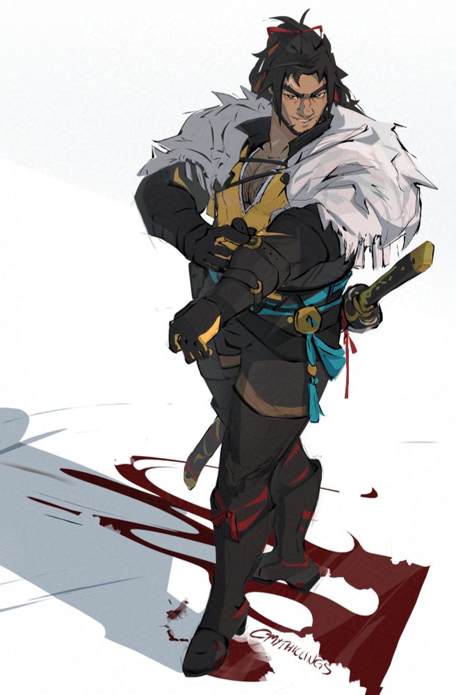 fanart of hien rijin from ffxiv. He's standing in the middle of the frame, tightening a strap on his arm, wearing a combination of the metian top and the warg's top