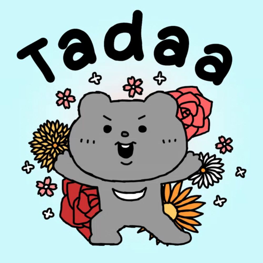 a cartoon of a bear surrounded by flowers and the word tadaa