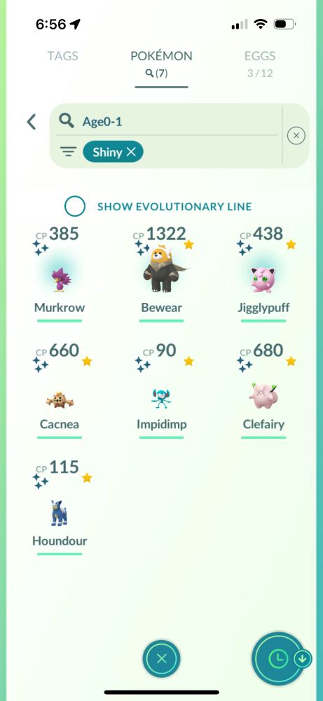 7 shiny pokemon from pokemon go. Murkrow, Costume Bewear, Jigglypuff, Cacnea, Impidimp, Clefairy, Houndour
