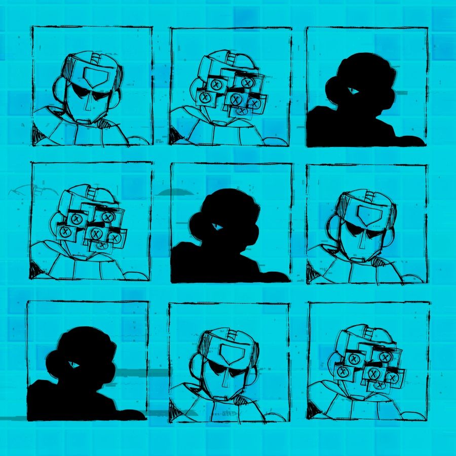 Several Duo bust shots, arranged in a 3x3 grid while the background is a tiled cyan square. The busts go from a regular surly looking one, one where Duo's face is hidden by errors and a shaded one showing a singular eye. The scene seems to be glitching as well...