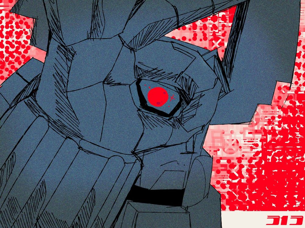 Duo.EXE puts his hand in front of his right eye in a particular way. Notably, instead of there being the same milky white, there is a red moon with some equally red stars in it. The navi is rendered in a gray-cyan tone, sketch-like, while the background is a cacophony of red and white.