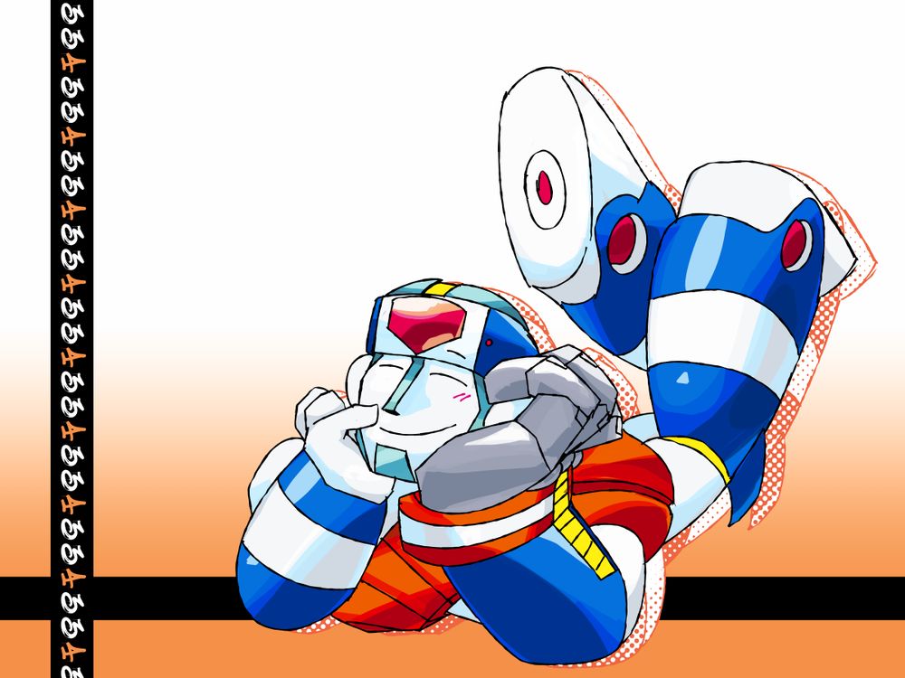 C-Duo is laying down, feet up in the air and hands supporting his head with a happy expression, while there is a white-to-orange gradient background and some sort of "drop shadow" that's orange and half-toned.