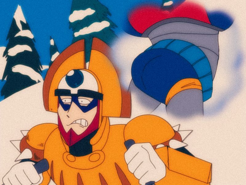 King is skiing down a mountain with snowed pines in the background and a blue sky, haunted by a vision of Duo's ass. He cringes, trying to not get something rising. 
Yes, this is another Simpsons reference.