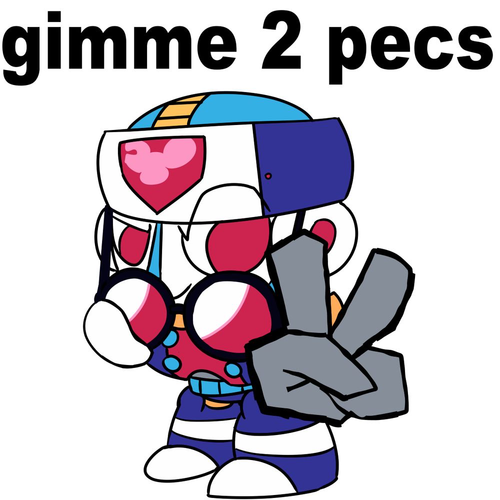 A chibified Duo lowers his red lensed sunglasses while smirking towards the viewer, throwing a peace sign.
Caption: gimme 2 pecs