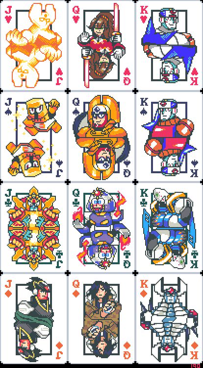 A set of Balatro cards, but with several Megaman characters. The cards go respectively:
Hearts suit: Glowie Max, A-Iris, C-Duo
Spades suit: Buckethead (Ace?), King, Duo
Clubs suit: Apollo, Sunstar, Duo (Armored Star)
Diamonds suit: Colonel.EXE, Baryl, Duo.EXE