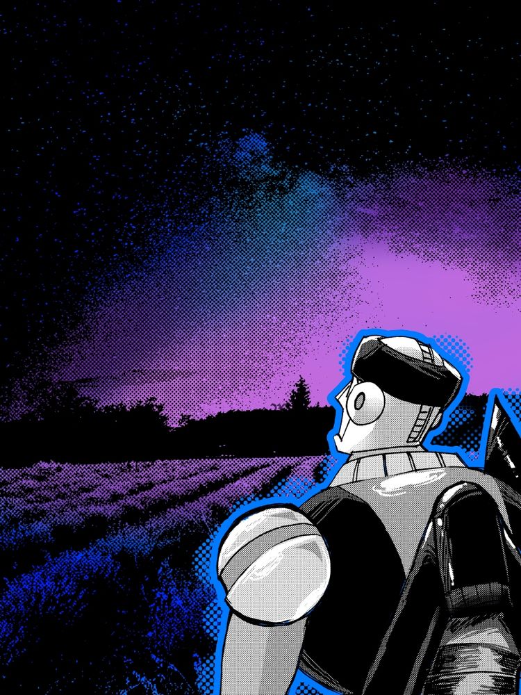 Duo sees a field at night. It's blue and purple with some teal. He's just looking...