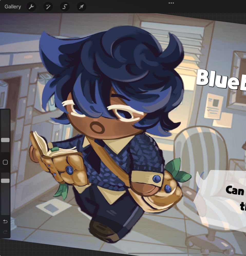 my oc Toru as a cookie run kingdom character he has blue hair with light blue ends, is looking down to a book and reading while carrying a messenger bag on his hip, he is wearing a blue sweater with a tie and undershirt tucked underneath it with blueberry cufflinks 