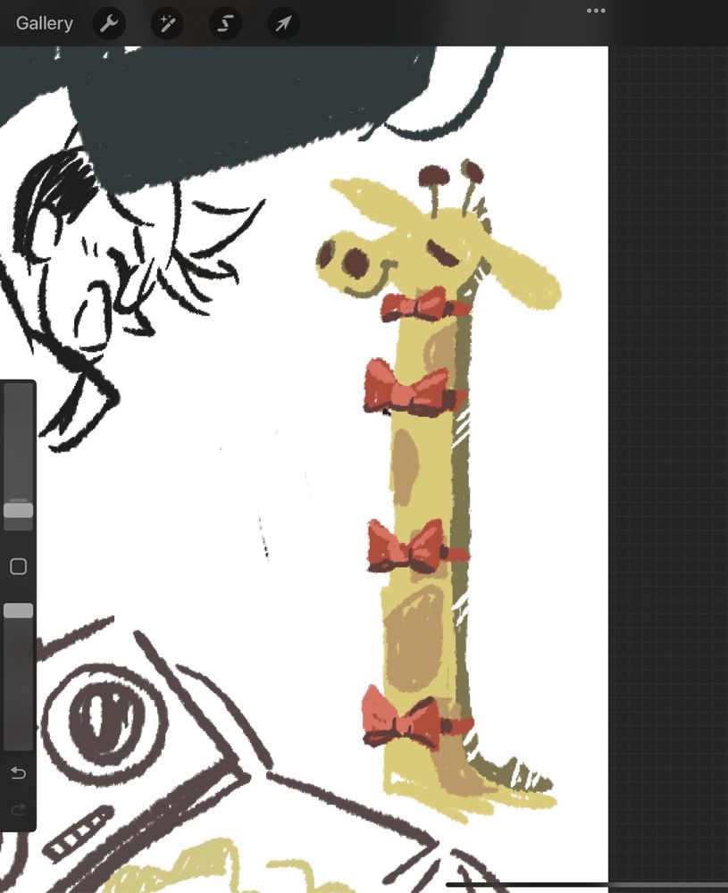 a giraffe drawing he is wearing four bow ties on his neck from his chin to his body