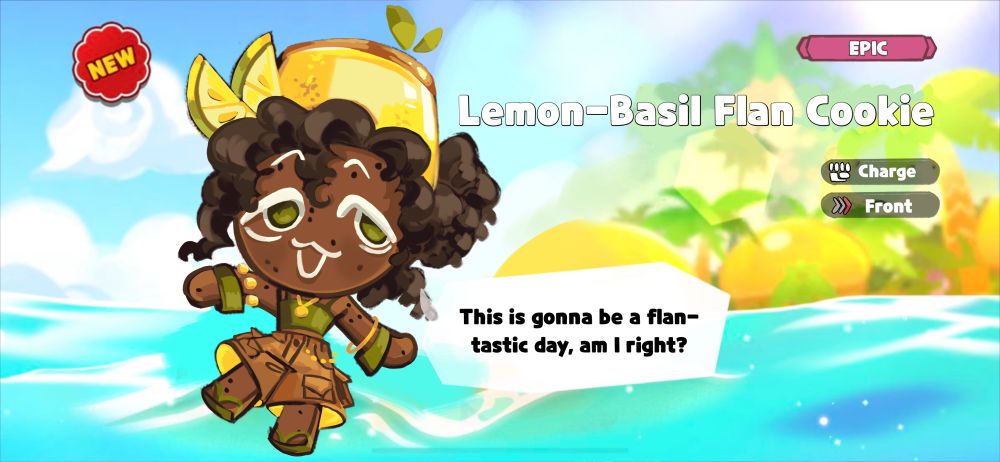 brissa as a lemon-basil flan cookie from cookie run kingdom, she is wearing a olive tank top and tan cargo shorts with gold jewelry and green bracelets, she has a flan on her head like a hat with lemon slices leaning off the side of it, she is labeled on the side as an epic cookie with the type of charge and front (in terms of the game mechanics) 