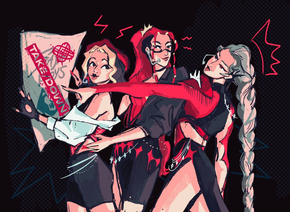the group huntrix from kpopdemon hunters in a line starting from the left with zoey, mira in the middle, and rumi at the end. They are wearing black and red themed outfits with stars and leather. Zoey is holding up a poster with the Saja Boys logo crossed out with a "Takedown" stencil over it, along with the Huntrix's logo. the three look to be giggling to each other, with rumi pointing at the sign and sticking out her tongue as a jest 