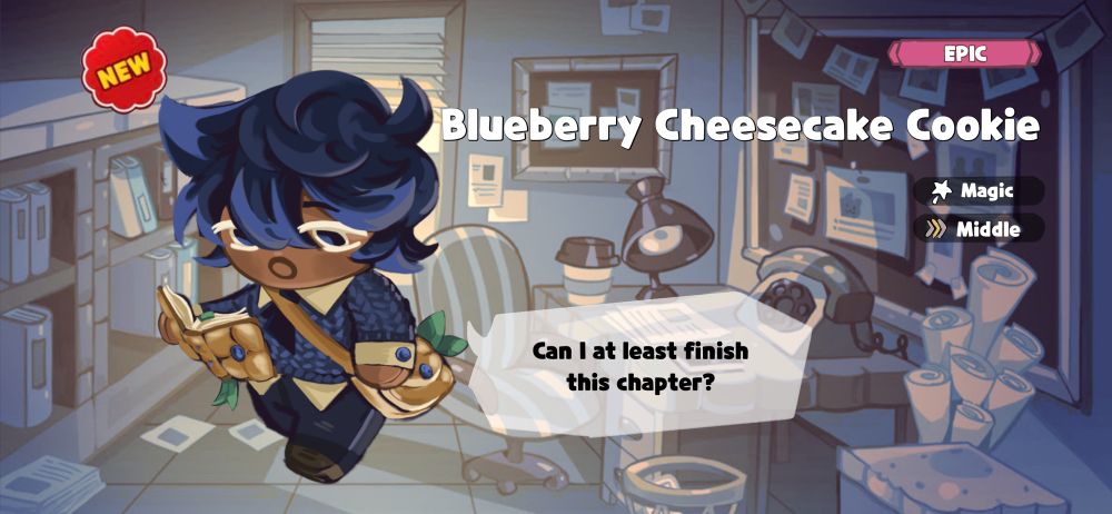 toru as a blueberry cheesecake cookie from cookie run kingdom he has blue and black hair, a blue sweater with dress shirt underneath, dress pants and shoes, he is wearing a messy tie, and a messenger bag that looks like cheesecake along with a book, on the side he is labeled as a magic cookie in the middle position (in terms of game mechanics)