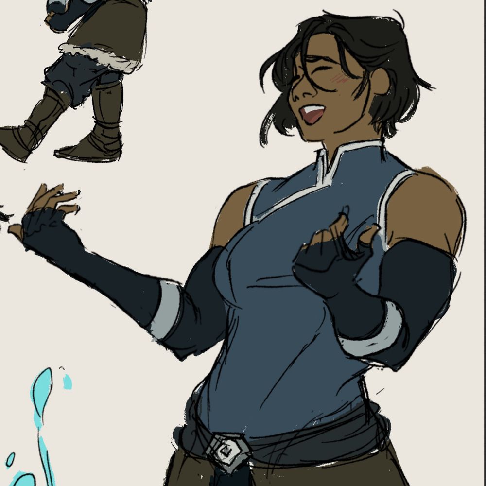 korra laughing and taunting someone with a 'come at me' pose with her arms in front of her, she is wearing her season 4 outfit