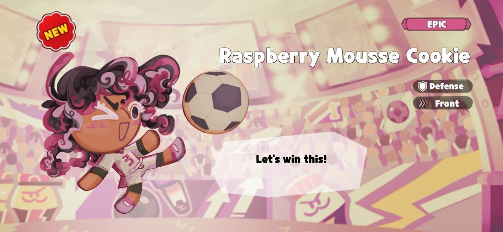 dimah as a raspberry mousse cookie from cookie run kingdom, she is in a white and pink soccer uniform with pink shoes and grey/brown elbow and knee pads, she is kicking a soccer ball, her hair is a swirl of light pink, a darker pink and brown, she is labeled as a defense cookie and front postition (in terms of game mechanics)