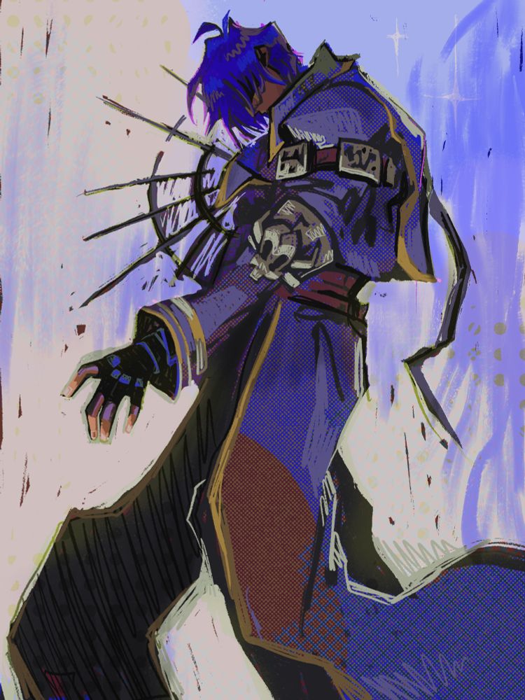 Legato Bluesummers leaning down at a profile turned towards the left, eyes covered with his dark blue hair, he is slightly reaching out his left hand, his capes billow around him with all sorts of textures and blues, his shoulder piece circles right under his head two stars are seen over his back slightly illuminating the sky