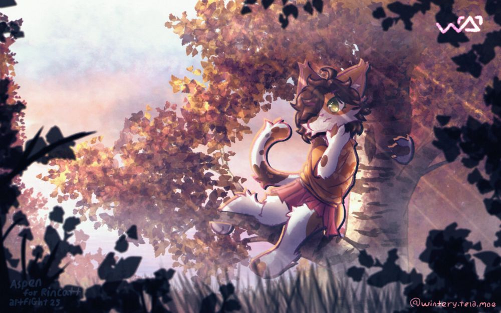 an artwork depicting a slightly misty autumn morning where a calico sits on the branch of a birch tree neatly in a gap between the yellowing leaves. as rays of sunlight reach into the shade through the leaves, they face turned away from the sun, leaning towards the trunk with an arm around the tree. their other hand is held up to their chin, perhaps they are thinking about something? to their back is a faintly visible sea, and in the foreground the silhouettes of foliage is visible. they wear an outfit with warm autumnn colors