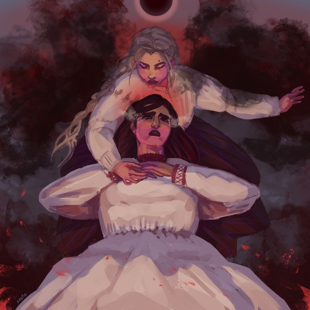 A digital drawing of two women surrounded by smoke and sparks.