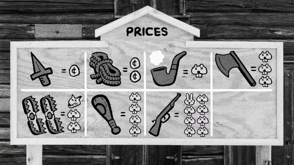 A screen shot from the film HUNDREDS OF BEAVERS. It shows the price of various items available at a shop using cartoony pictograms: knife = 1 coin, club = 4 beaver pelts, etc.