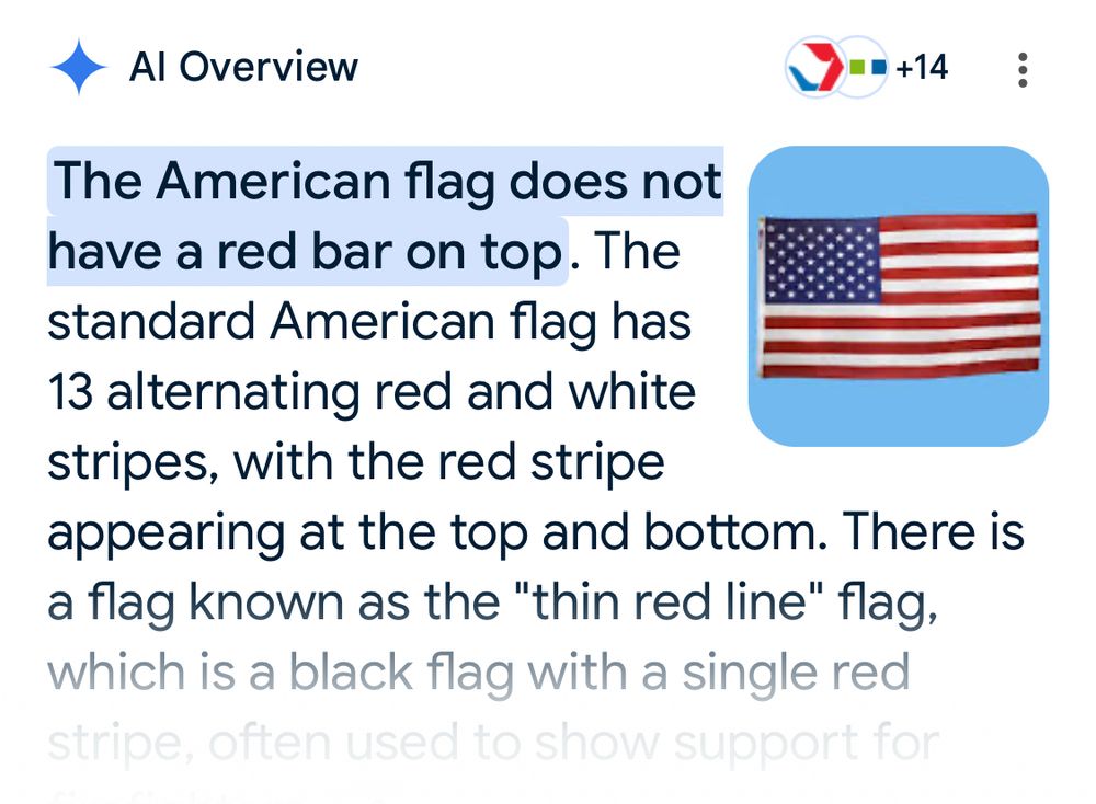 A Google AI response that says “The American flag does not have a red bar on top.” Next to it is a picture of the American flag clearly showing the top bar as red. Later in the text, it states that the red stripes are the top and bottom stripes.