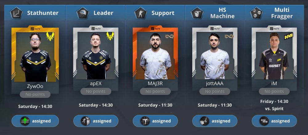 Fantasy lineup with ZywOo, apEX, MAJ3R, jottAAA, and iM 