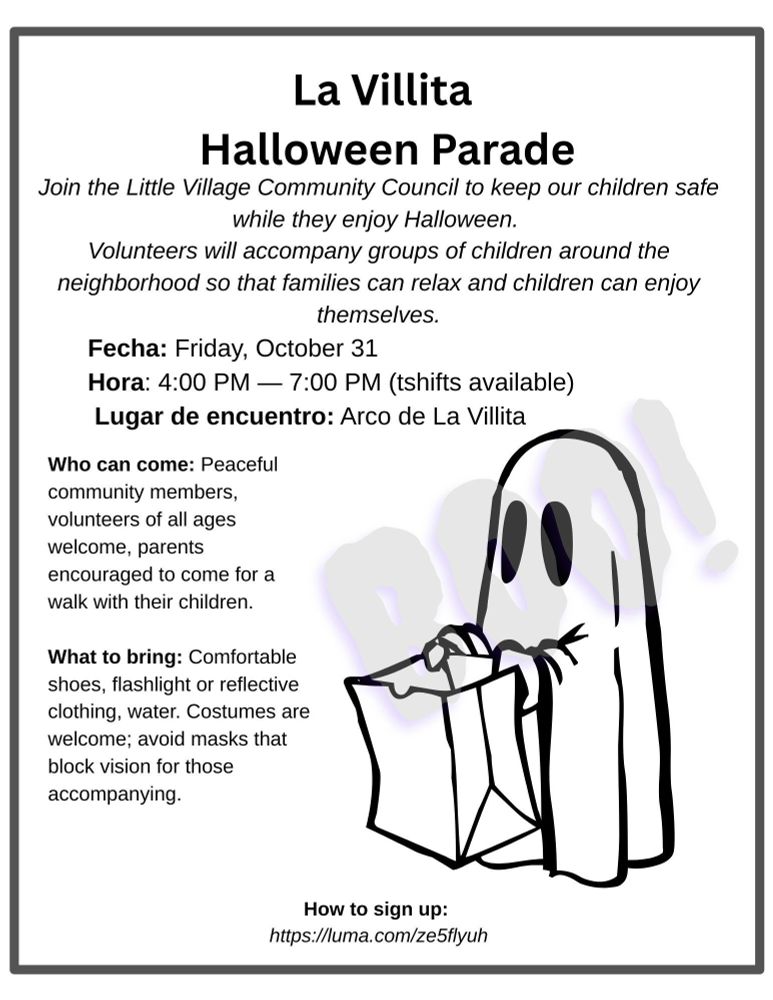 Flyer for the Halloween parade. Meet at 4pm at the Little Village Arch. Sign up at https://luma.com/ze5flyuh