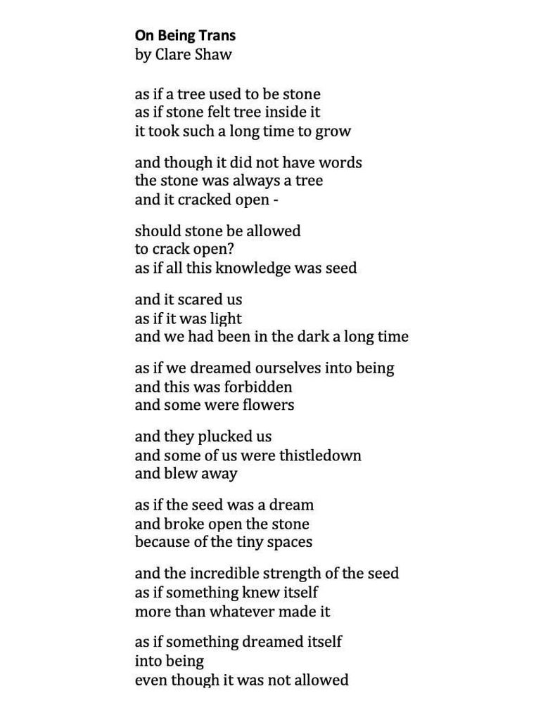 On Being Trans 
by Clare Shaw

as if a tree used to be stone 
as if stone felt tree inside it 
it took such a long time to grow 

and though it did not have words
the stone was always a tree 
and it cracked open -

should stone be allowed 
to crack open? 
as if all this knowledge was seed 

and it scared us 
as if it was light 
and we had been in the dark a long time 

as if we dreamed ourselves into being 
and this was forbidden
and some were flowers

and they plucked us 
and some of us were thistledown
and blew away

as if the seed was a dream 
and broke open the stone 
because of the tiny spaces

and the incredible strength of the seed
as if something knew itself
more than whatever made it
 
as if something dreamed itself 
into being 
even though it was not allowed

