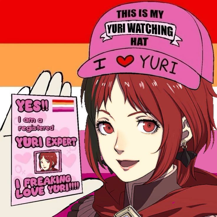 smiling Monica in a hat with words "this is my yuri watching hat; i <3 yuri"
in her hand, a card with words "YES!! I am a registered YURI EXPERT" at the top, Monica's photo in the center, and "I FREAKING LOVE YURI!!!!" at the bottom
on the background of the image and on top right of the card, a lesbian flag colors
