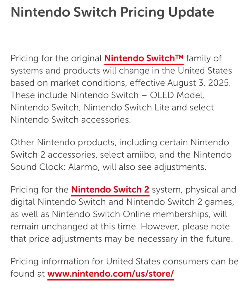 Switch prices “will change in the United States based on market conditions”