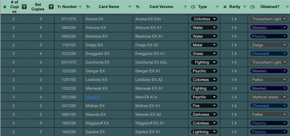 List of 4 diamond cards I'd be willing to trade in PTCGP: 
Arceus EX A2α
Articuno EX A1
Blastoise EX A1
Dialga EX A2
Exeggutor EX A1
Garchomp EX A2α
Gengar EX A1
Lickilicky EX A2
Marowak EX A1
Mew EX A1α
Moltres EX A1
Weavile EX A2
Wigglytuff EX A1
Zapdos EX A1