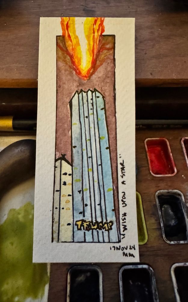 Small watercolor titled “Wish Upon a Star”, Trump Tower pictured with a giant meteor bearing down. 