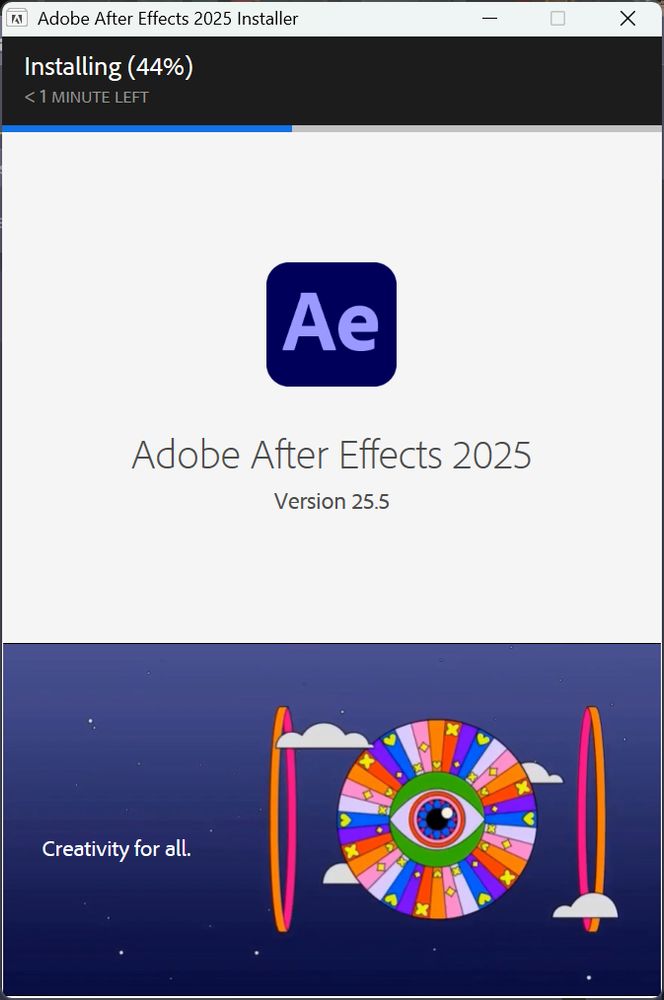 installation de After Effects (après des dizaines de tentatives pour comprendre et régler un crash qui rend le logiciel inutilisable)