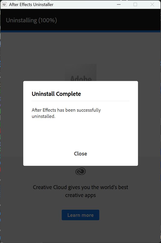 "désinstallation de After Effects terminée"