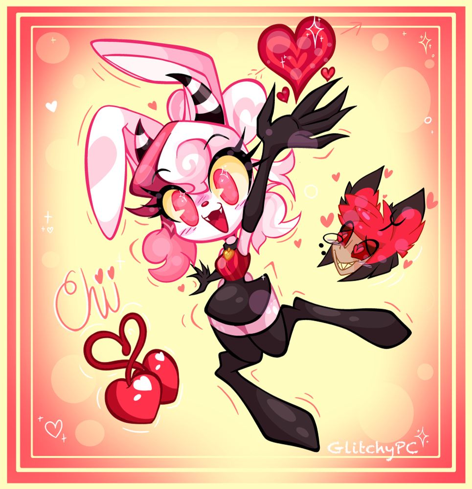Art of a pink rabbit inspired Hazbin Hotel oc in a reaching pose