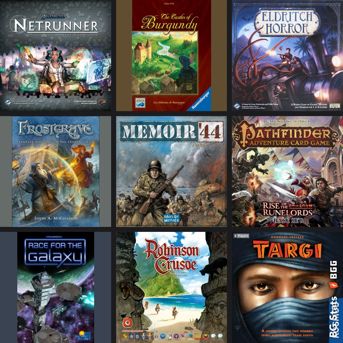 BG Stats 3 x 3.
Android: Netrunner;
The Castles of Burgundy;
Eldritch Horror;
Frostgrave;
Memoir '44;
Pathfinder Adventure Card Game: Rise of the Runelords – Base Set;
Race for the Galaxy;
Robinson Crusoe: Adventures on the Cursed Island;
Targi.