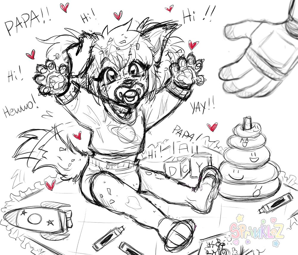 small Sprinklez surrounded by toys and crayons, sitting on a blanket wearing pullups, a shirt with Saturn on it, and a pacifier in her mouth. She is reaching for her Papa (Buzz Lightyear) who appears on the right just as a blurred hand. Sprinklez is exclaiming joy through text surrounding her.