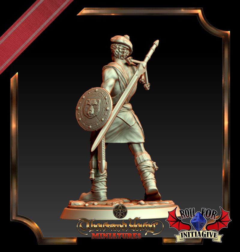 ZBrush render of ttrpg/wargaming miniature depicting a Scottish Highlander-type warrior wielding a basket-hilted backsword and a targe which sports the stylized face of a bear. The warrior is topless and has a claymore strapped to his back. He is pointing his backsword forward and has his head slightly tilted downwards, as if facing down a rival. He also wears a kilt, a baldric and scabbard, boots with leg wraps, and a sporran. (Back View)