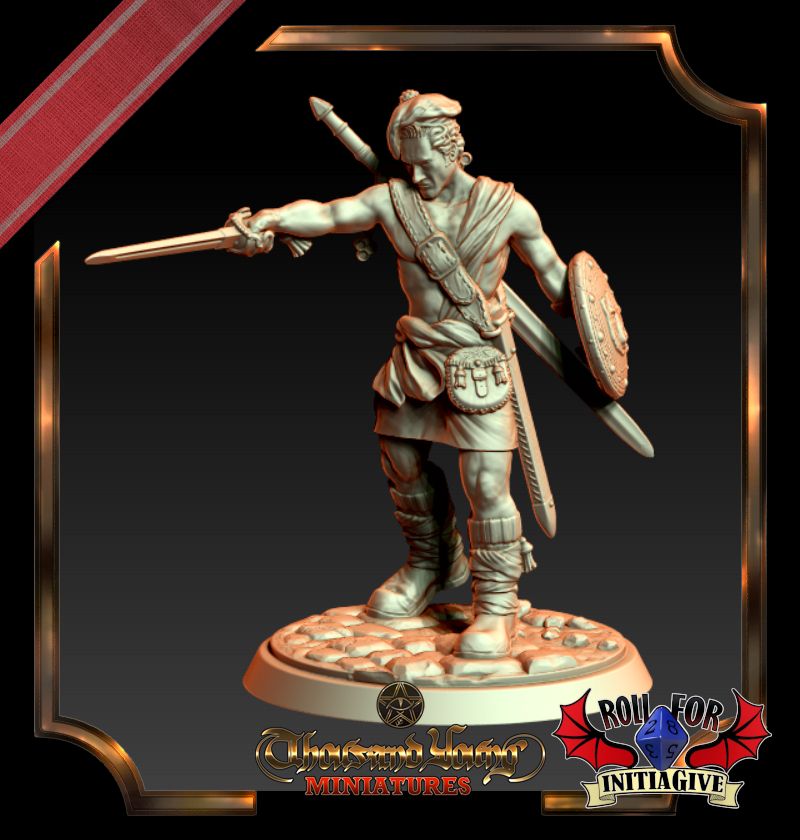 ZBrush render of ttrpg/wargaming miniature depicting a Scottish Highlander-type warrior wielding a basket-hilted backsword and a targe which sports the stylized face of a bear. The warrior is topless and has a claymore strapped to his back. He is pointing his backsword forward and has his head slightly tilted downwards, as if facing down a rival. He also wears a kilt, a baldric and scabbard, boots with leg wraps, and a sporran. (3/4 View)