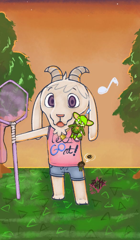 Asriel Dreemurr drawn in Animal Crossing style, showing off a freshly caught green bug