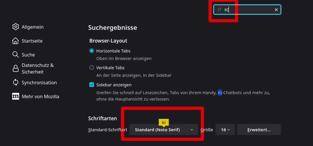A picture of Firefox settings. At the top a search query for "KI" which is German for AI. The search result shows a font related topic.