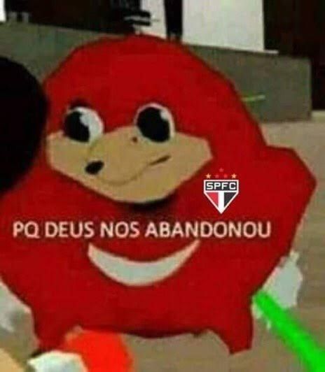 Personagem com o simbolo do SPFC, com a frase "por que Deus nos abandonou" escrita no centro da imagem, internamente ele culpa seu clube do coração por fazê-lo pensar seriamente em perder o desafio setembro amarelo