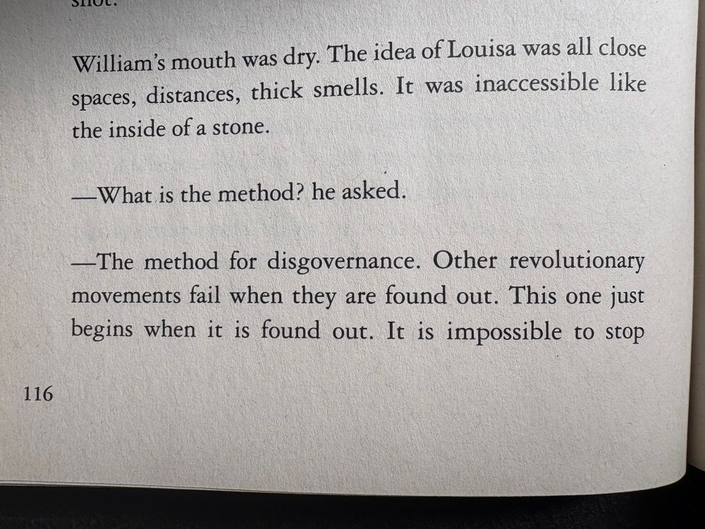 —What is the method? he asked.

—The method for disgovernance. Other revolutionary movements fail when they are found out. This one just begins when it is found out. It is impossible to stop…