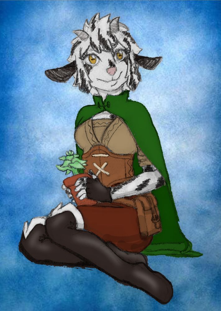 A black and white anthro goat ranger, holding a lamb's ear plant in her lap. She's got a neutral expression and is sitting on the ground. Her outfit is a series of neutrals, except for her green cape. The background is not unlike something found at a sears portrait studio. 
