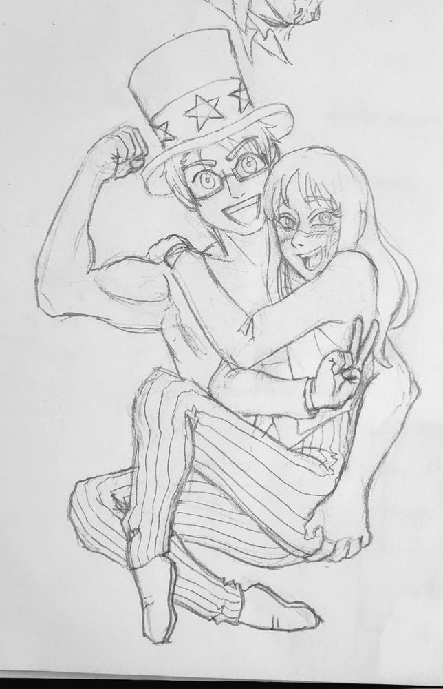 America from Hetalia and Yoru from Chainsaw Man showing off to Denji. Aren't they just the perfect couple? Yoru is dressed like Uncle Sam, with America wearing her hat and showing off his bicep as she flashes a V for Victory. Hooray for Freedom! Hooray for Democracy! Hooray for America and Yoru! Sorry Denji lol 